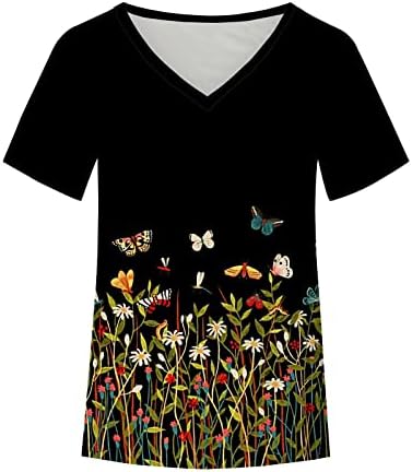 Тениска за Момичета с Къс Ръкав 2023, Дълбоко V-Образно Деколте, Памучен Блуза с Графичен Принтом и Цветен Модел Тениска за Жени, KL