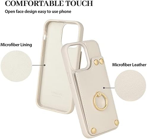 LAMEEKU е Съвместим с калъф-чанта за iPhone 14 Pro 6,1 , Кожен калъф с държач за карти, RFID заключване, Околовръстен стойка със завъртане на 360 °, Защитен калъф върху бутона, предназначени за Apple iPhone 14 Pro Бежов