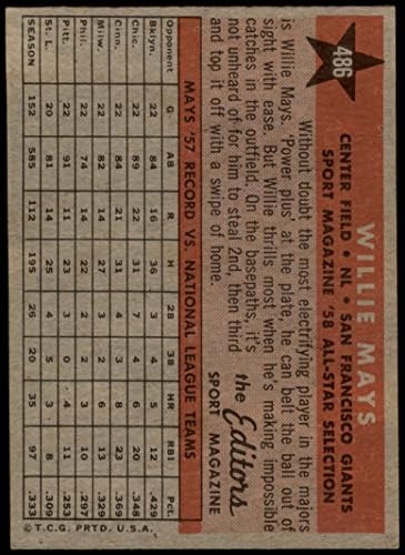 1958 Topps # 486 All-Star Уили Мейс Сан Франциско Джайентс (Бейзболна картичка) VG Джайънтс
