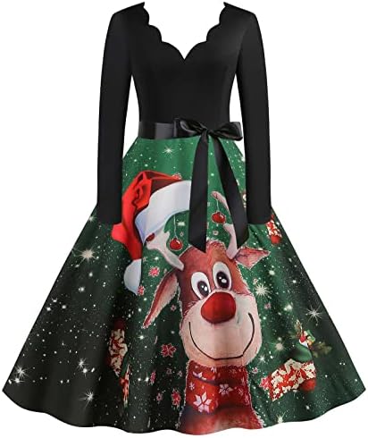 Коледна рокля за жените 1950-те Години, Винтажное един Коктейл Рокля за Бала И V-образно деколте и Анимационни Принтом, Рокли-Люлка Трапецовидна форма