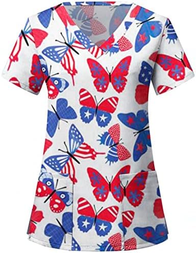 Женска Тениска с Флага на САЩ 4 юли, Лятна Риза с Къс Ръкав и V-образно деколте и 2 Джобове, Блузи, Празнична Ежедневни работни Дрехи