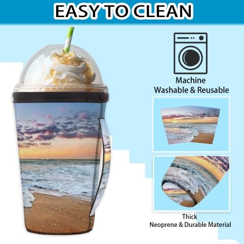 Годишният ръкав за кафе с лед Ocean Beach Sunrise Еднократна употреба с дръжка от неопрен за Напитки, кафе лате, Чай, Напитки, Бира (18-32 унция)
