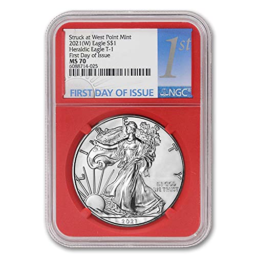 2021 (Тегло) 1 унция American Silver Eagle MS-70 (Хералдически орел T-1 - Първият ден на издаване - Нанесен в Уест Пойнт - Издател на Red Core) на монетата на стойност 1 долар MS70 NGC