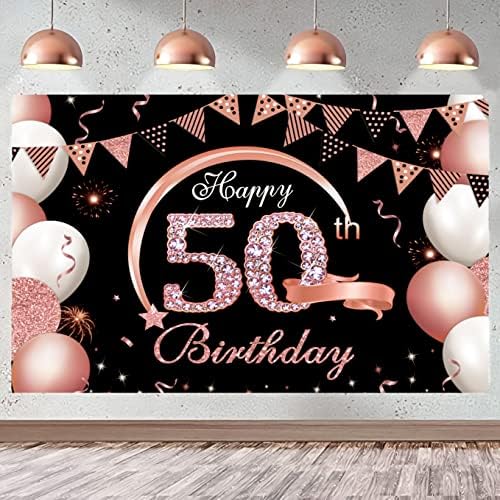 5x3ft С 50-ти Рожден Ден Банер Фон Rose Gold 50-ия Рожден Ден на Бижута за Жени 50 Знака на рождения Ден на Вечерни Аксесоари Петдесетгодишен Тематичен Плакат на Рожден Ден Де?