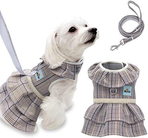 Шлейка за кучета ELILY комплект с каишки. Елегантна Клетчатая облекло за Малко Кученце, Кученце, Котка. Мека дишаща мрежа (M, Сиво расо)