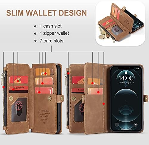 Магнитна чанта-портфейл CaseMe, предназначен за iPhone 12 и 12 Pro (6,1 инча), с панти капак, който е съвместим със зарядно устройство MagSafe, защитен калъф-награда от изкуствена кожа с цип с магнитна закопчалка и