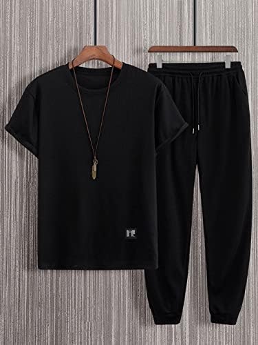 Мъжко облекло от две части NIBHZ, Мъжка тениска с заплатками и спортни панталони с завязками на талията (Цвят: черен, Размер: Голям)