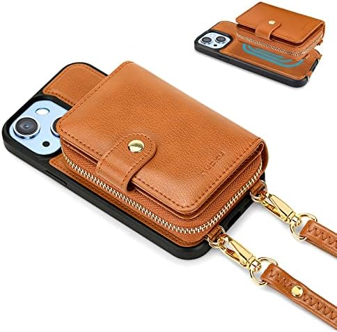 nuoku Предназначени за своята практика-портмонето iPhone 14 Plus, Магнитен Подвижна чантата си през рамо, Съвместима с калъф iPhone 14 Plus, в Чантата си-гривна с цип с 2 джапанки и държач за карти с RFID-заключване