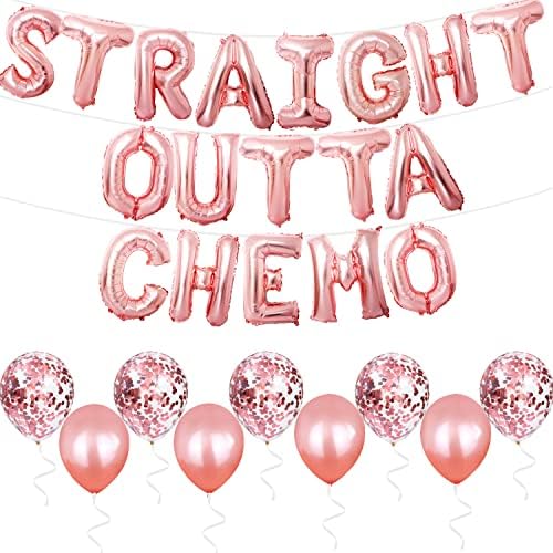 Украса за парти Tihuprly Cancer Survivor, Включени балон от фолио ВЕДНАГА СЛЕД ХИМИОТЕРАПИЯ от розово злато + 5 балони, конфети от розово злато + 5 балони от латекс от розово злато - Тематичен банер за купоните без