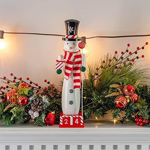 Декоративен Коледен Лешникотрошачката с Обратното броене на Снежен човек – Дървена Лешникотрошачката с Снеговиком с Адвент-Календар, Обратно броене до Коледа, Ко