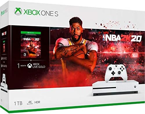 Конзолата на Microsoft Xbox One S обем 1 TB с комплект NBA 2K20 с безжичен контролер Xbox (бял), членството на Xbox Live Злато за 3 месеца, дръжки за палеца джойстик Deco Gear, вертикална поставка 3 в 1 и HDMI кабел