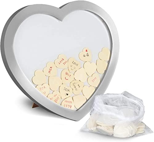 Сватбена книга за Гости BuyBox Marketplace - Елегантна подвесная рамка във формата на сърце с 60 дървени сърца в чантата - Алтернативни идеи за персонални регистрация - 11,81 инча х 11,22 инча х 0,59 инча - Сребърен