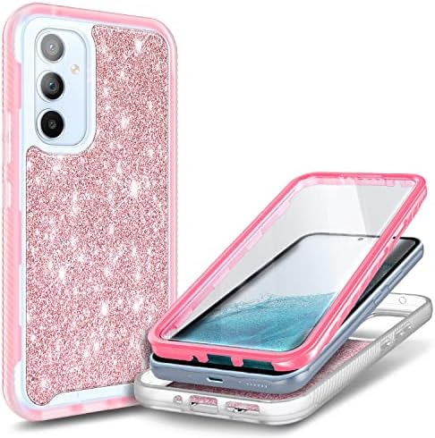NZND е Съвместим с Samsung Galaxy A54 5G Калъф с [вградена защитно фолио за екрана], пълен размер на Защитен устойчив на удари Здрава броня, удароустойчив Грапав калъф за вашия телефон (светло розово злато)