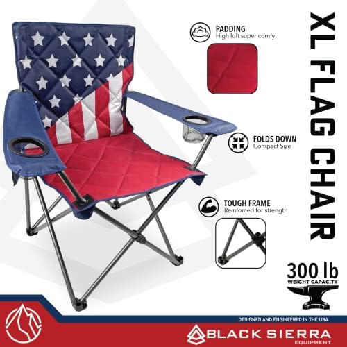 Четворна стол Black Sierra XL с Патриотичен флага на САЩ, за къмпинг, Плажен стол, Градински стол, Стоманена Рамка Голям размер, Тежи 300 килограма, Стеганая Тапицерия с Подстаканниками, Американски флаг на САЩ