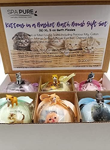 Спа-чисти котенца в корзинке: 6 Очарователни котенца, крия вътре във всяка Цветна бомбочки за баня, по 5 грама всяка (6 броя) Опаковка от 1, Многоцветен