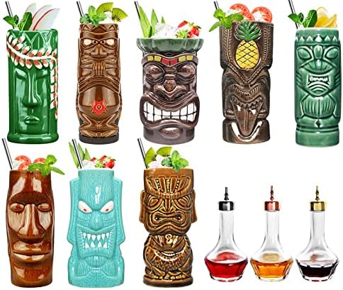 Комплект чаши Тики от 8 Керамични хавайски Steins за Партита, Посуда за напитки, Плюс Бутилка за Биттера, Комплект от 3 Стъклени бутилки с капачка Dasher