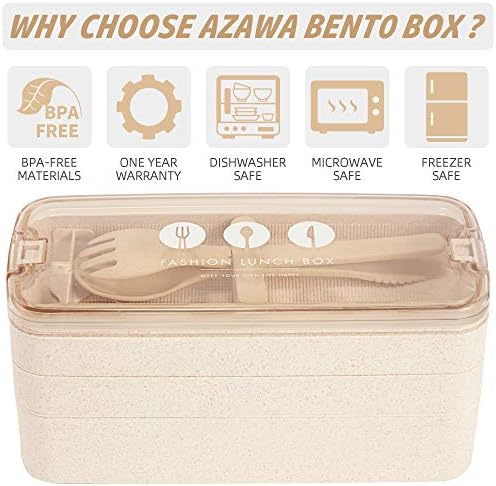 Кутия за обяд AZAWA Bento 1100 мл / 38 грама, 3-Слойная кутия за Bento с Лъжица и Вилица, за деца, Възрастни и офис работници, Кутия за Обяд, Без Бисфенол А, Херметически затворени Съдове за хранене с Допълнителен Пакет