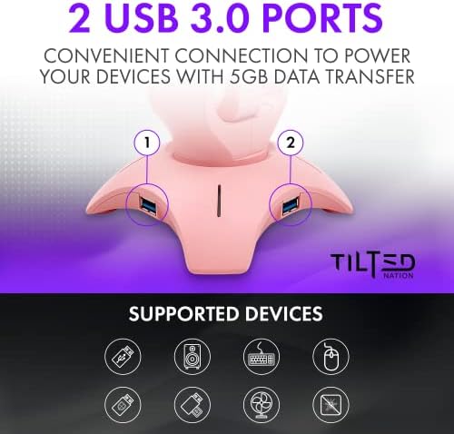 Поставка за гейминг слушалки Tilted Nation RGB - Розово поставка за слушалки 3 в 1 с затваряне на мишка и зарядно устройство с 2 порта USB хъб - Добра игра аксесоар и подарък геймеру Титуляр за слушалки RGB за масата