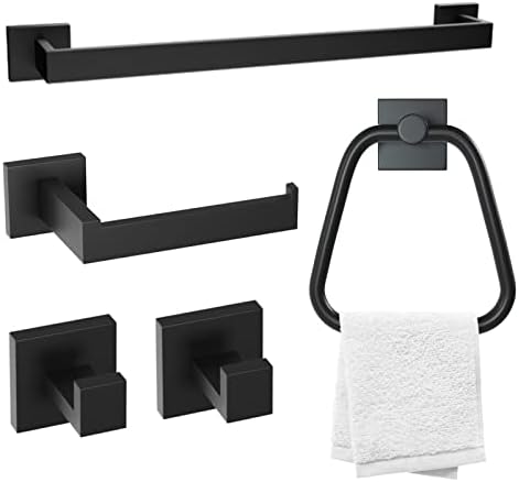 Warepro Комплект оборудване за баня от 5 теми, монтиран на стената набор от топъл кърпи от неръждаема стомана SUS304 Черен цвят, включва в себе си 23 закачалка за кърпи, държач за тоалетна хартия, халка за кърпи за