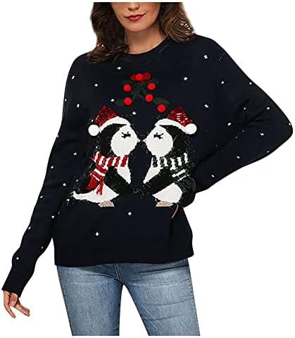 Дамски Коледни Пуловери Модерен Малък Пингвин, Свободен Пуловер с Дълъг Ръкав, Пуловер за Мъже