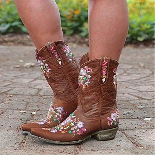 UOCUFY/ Дамски обувки на платформа, Елегантни Каубойски ботуши с Бродерия за момичета, Къси Ботильоны в Ретро стил, Каубойски ботуши с Остри пръсти, Обувки в Западен Стил