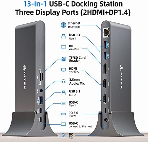 Докинг станция Aitek USB-C Док-станция: 13-в-1 за Windows, Няколко адаптери с три пристанища на дисплея, два 4K, HDMI, един 8K DP-монитор, захранвани от постоянен ток, RJ45 Ethernet, Мулти USB, A/C 3.0 PD 95W за преносим