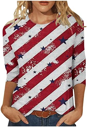 Дамски Летни Патриотични Тениска с Американския Флаг, Летни Дневни Празнични Блузи с ръкави 3/4, 4 юли, С кръгло Деколте, Базова Тениска