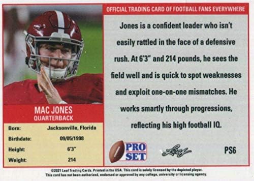 Mac Jones 2021 Pro Set Leaf XRC с къс принтом Mint Картичка начинаещ година PS6, на която той е изобразен в червена фланелка от Алабама