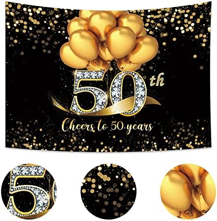 Imirell 50th Birthday Background 7Wx5H Фута балон Черното Злато Поздрав 50-Годишен Възраст Блестящи Дрънкулката В Грах с Диаманти Мъжки И Дамски Бижута Фон за Фотосесия Декор за фото