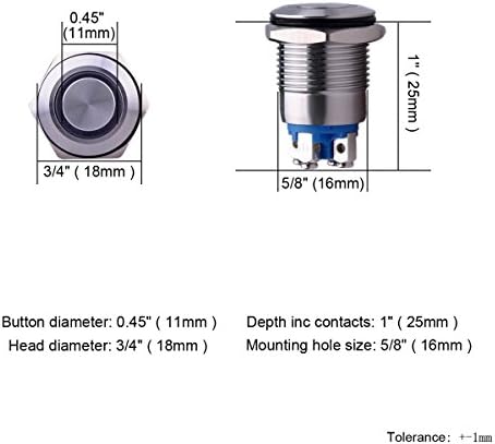 Незабавен бутон на ключа Ulincos® U16B1 1NO Сребрист Корпус от неръждаема Стомана със сини led пръстен е Подходящ за монтиране дупки 16 мм 5/8 (син)