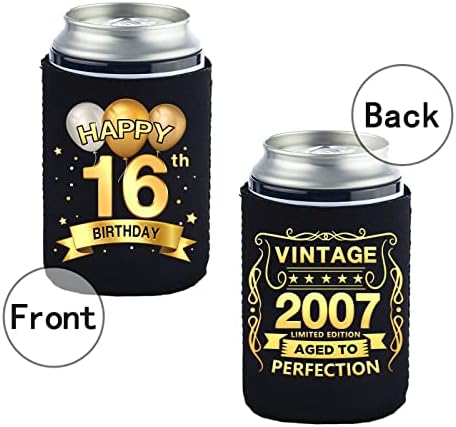 Красива опаковка от 12 кутии-охладители на 16-ти рожден ден -Декорации за 16-годишнина - Реколта 2007 г.-Аксесоари за парти в чест на 16-годишнината си - Черни и златни охладители за чаши на Шестнадесетия рожден ден