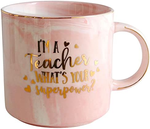 Чаши за учители Mecai За жени-Аз съм Учител, каква е твоята Сверхспособность, Кафеена чаша на 12 унции, Благодаря Подаръци за учители, Приятели, колеги (розови)