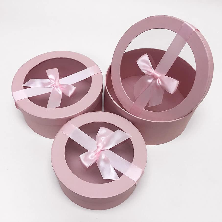 Подарък кутия CalCastle Занаятите Розов цвят в Кръгла цилиндрична опаковка с Прозрачен капак и каишка от Копринени Розови ленти (комплект от 3 броя)
