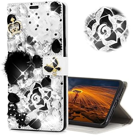 Калъф за телефон LUZiUN Glitter Wallet, който е съвместим с iPhone 14 Pro Max - 3D Луксозен Защитен калъф от лъскава кожа за ръчна работа на момичета и жени с защитно фолио за екрана (2 опаковки) - Черен Череп с нитове