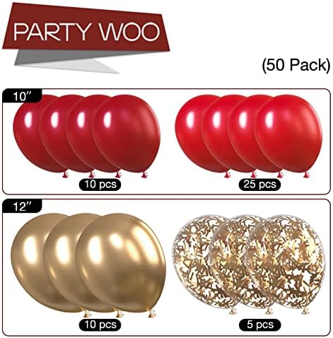 Червени и Златни балони PartyWoo, 50 бр. Бордо балони, Рубинено-Червени балони, Златни Въздушни Балони с Конфети, Златни Метални балони за Украса на Червени и златни партита, Бордо Вечерни Украса