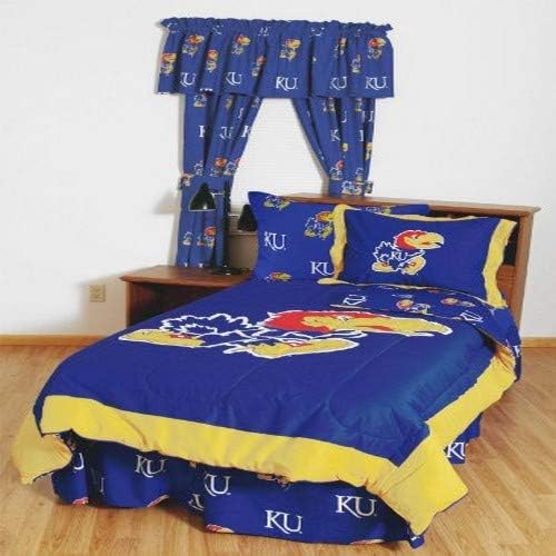 Комплект спално бельо за колеж Comfy Kansas Jayhawks Queen Size от 4 теми, Цветен фон на Екипа, 1 апартамент Чаршаф, 1 Оборудвани чаршаф, 2 Калъфки за възглавници