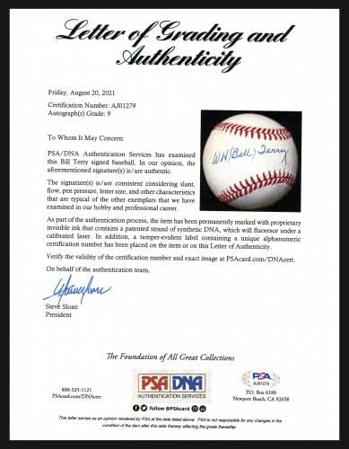 Бейзболни Топки с Автограф Бил Тери, Официален Представител на NL Baseball New York Giants Auto Grade Mint 9 PSA/DNA AJ01279 - Бейзболни топки с автографи