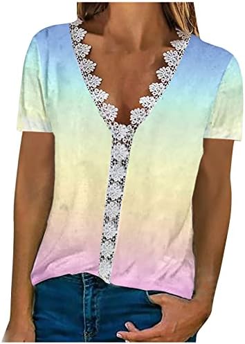 Блуза, Тениска за Момичета Лято Есен 2023, Завързана Памук Топ с Къс Ръкав, Дълбоко V-образно Деколте, Градиентный Топ с Цветен Модел, 4F 4F