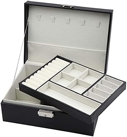 Ковчег за бижута, 2-слойная ковчег за Бижута, Кожени Кутии за Бижута за Жени, Момичета, Юноши, Кутия-Органайзер За Бижута Кутия за съхранение на бижута с ключ, кутия за съхранение на бижута (Цвят: 1 черно)