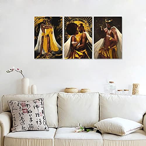 GUTTATY 3 Предмет, Черен Крал и Кралица, Стенно изкуство - афроамериканская черна двойка, Стенно изкуство на платното за спални, Стенно изкуство в злато и черна рамка с любов за хола-16x24 инча x 3 панела